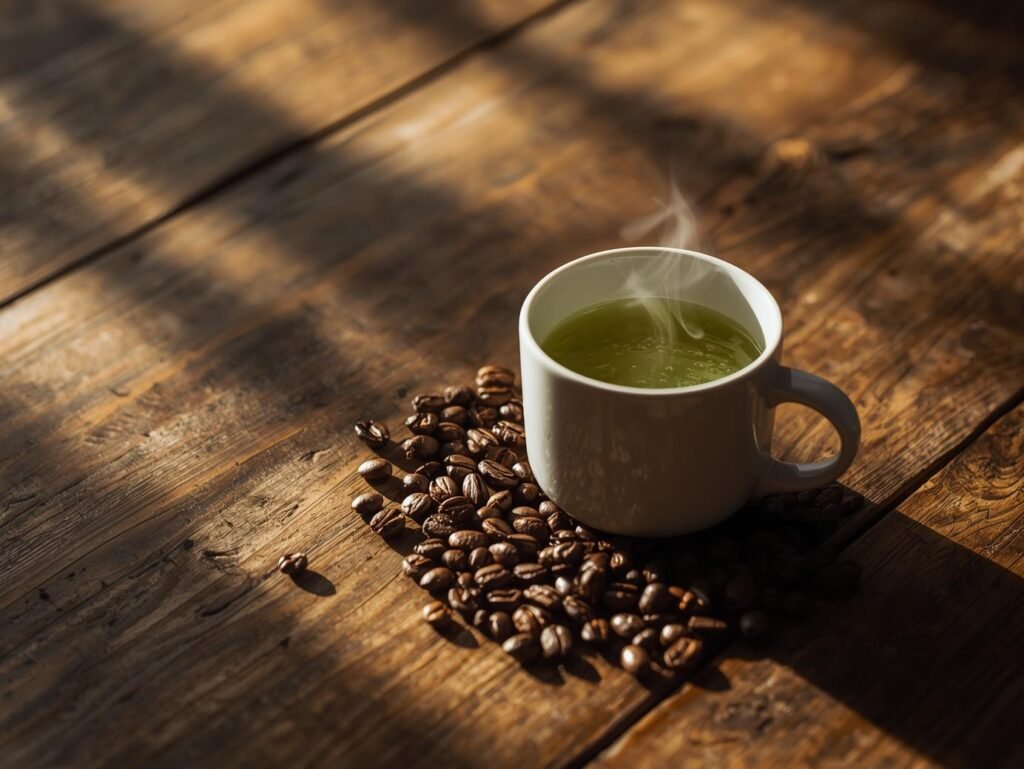 Coffee and green tea together, showing caffeine and L-Theanine as natural focus boosters.