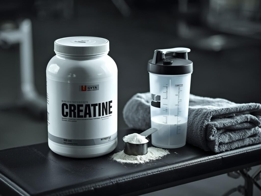 Creatine powder on a gym bench, symbolizing energy and focus.