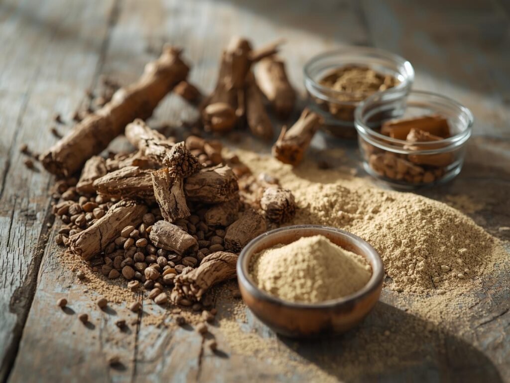 Rhodiola Rosea roots and powder, symbolizing natural stress relief.