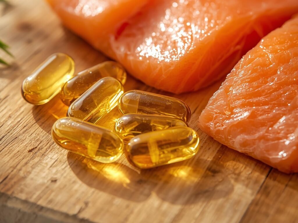 Omega-3 fish oil capsules beside salmon fillets, supporting brain health.