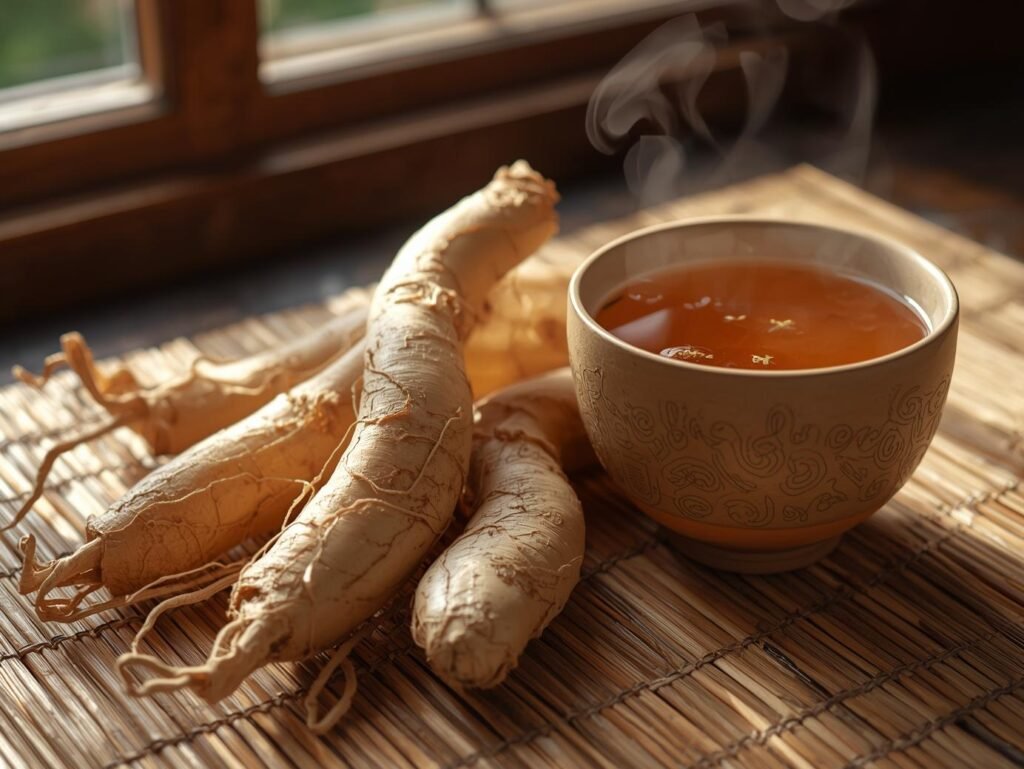 Ginseng roots beside herbal tea symbolizing natural energy boost.