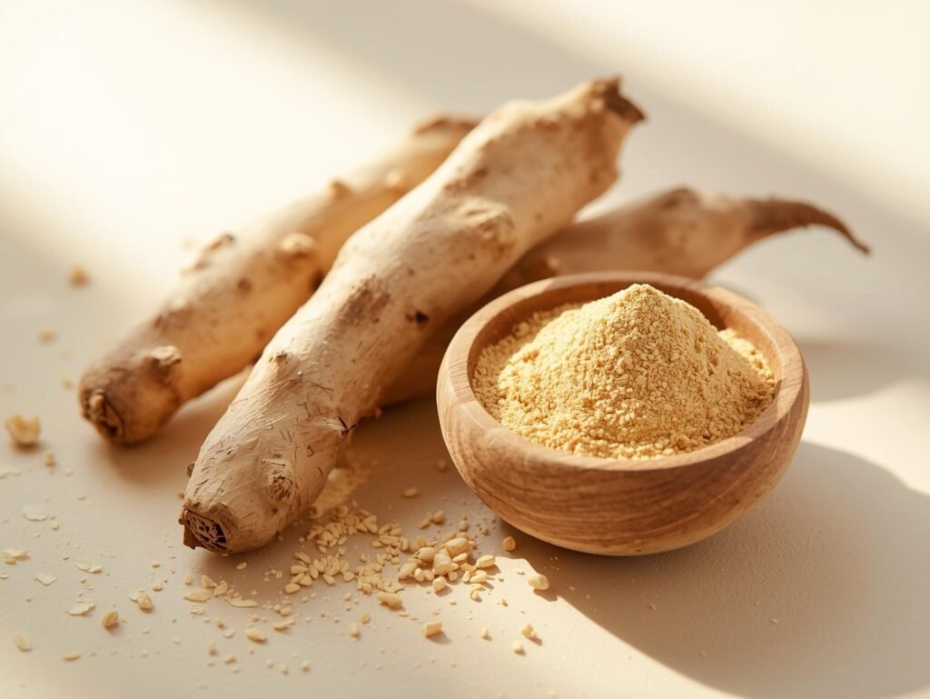 Ashwagandha roots and powder, representing calm energy.