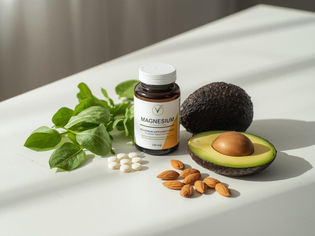Magnesium-rich foods and supplement tablets representing natural energy support.