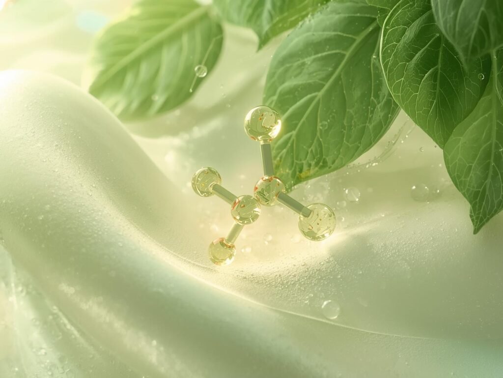 Bakuchiol molecule illustration with gentle glowing skin effect and botanical leaves background.
