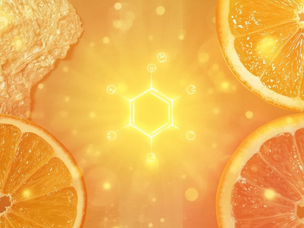 Ferulic acid molecule illustration with antioxidant glow and radiant skin.
