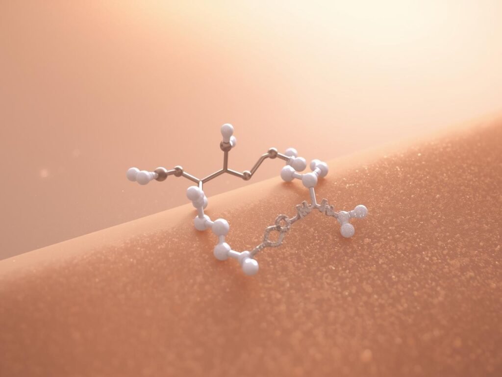 Niacinamide molecule illustration with balanced, even-toned skin and minimalist background.