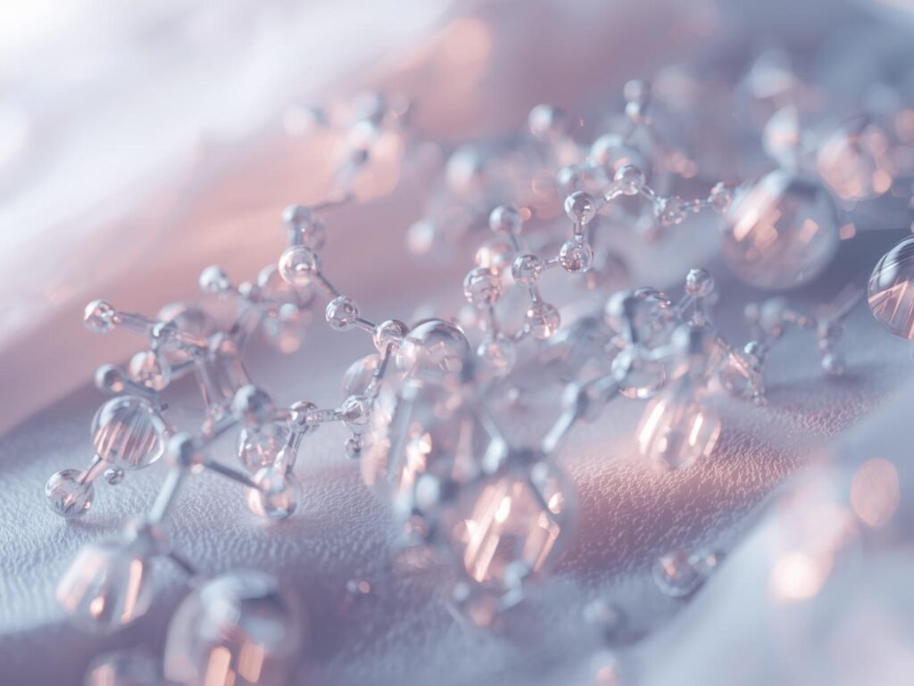 Peptide chain illustration with firm, smooth skin and soft glow background.