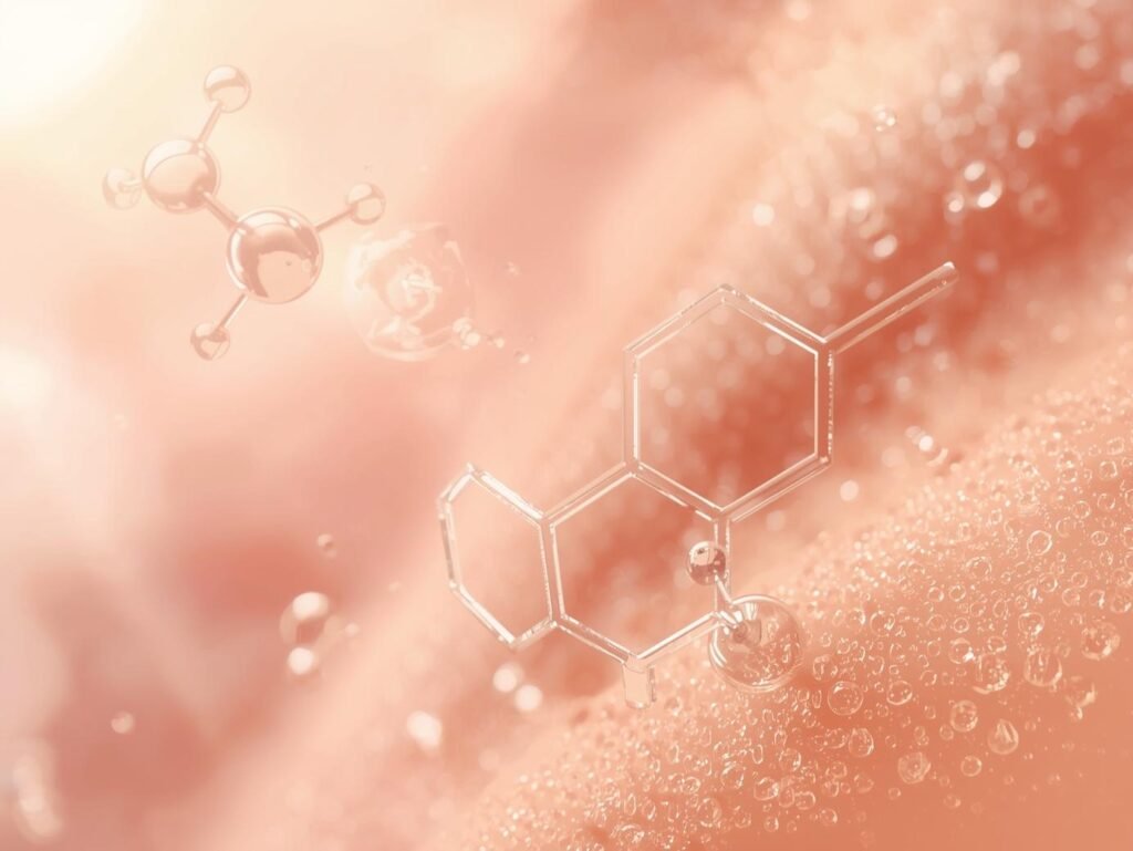 Retinol molecule illustration with smooth skin background and soft glowing effect.