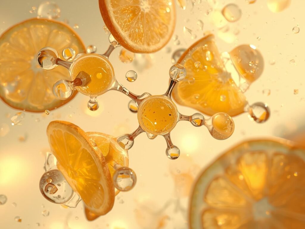 Vitamin C molecule illustration with radiant skin and citrus elements.