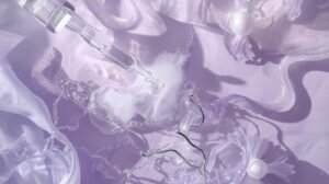 Glowing serum droplet over peptide molecular pattern under soft light.