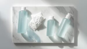 Flat-lay of several skincare toners on white marble with water droplets, conveying clinical freshness and acne care.