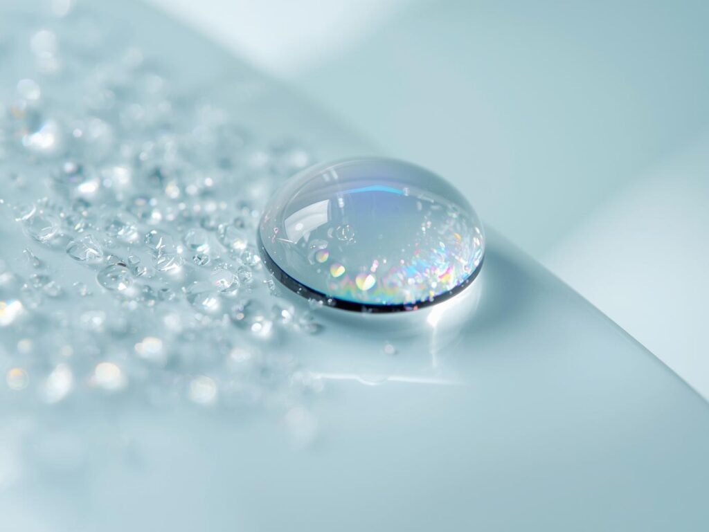 Close-up of glycolic acid droplet with micro-crystals on pale blue background.