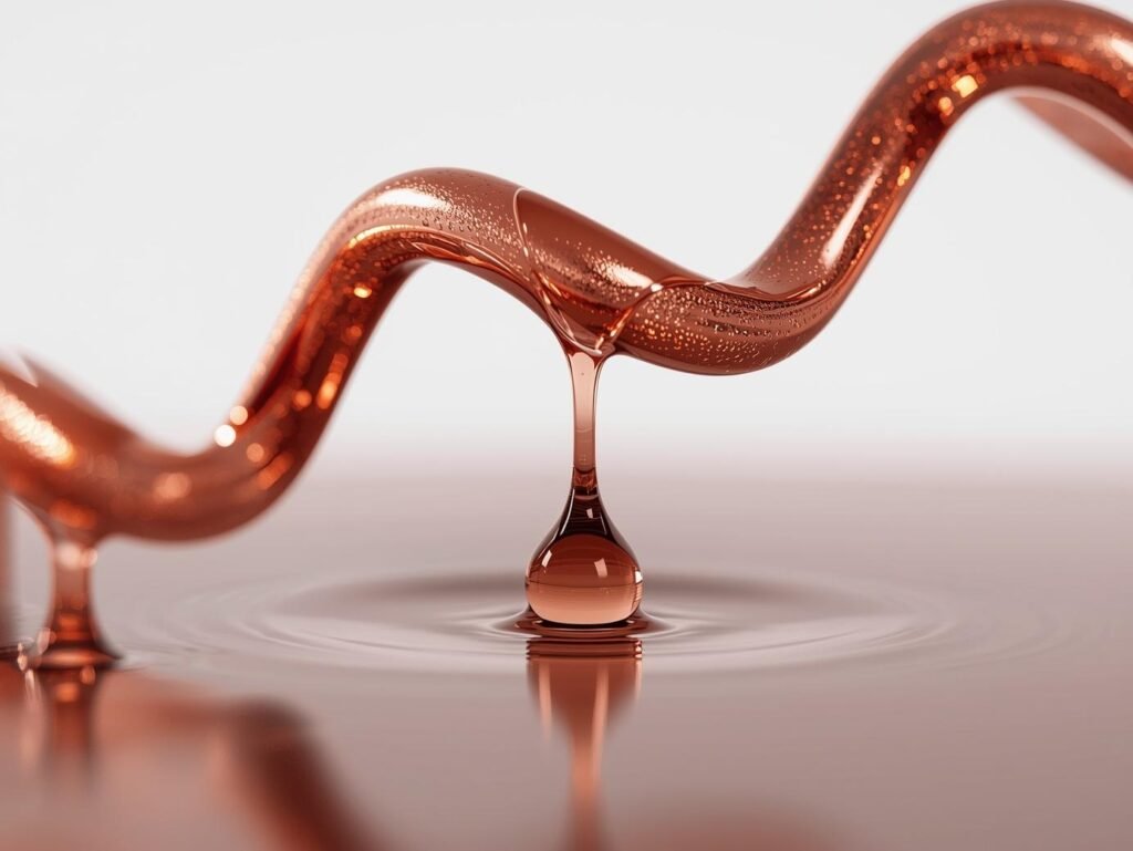 Copper-hued peptide molecule over droplet symbolizing Copper Peptides serum.