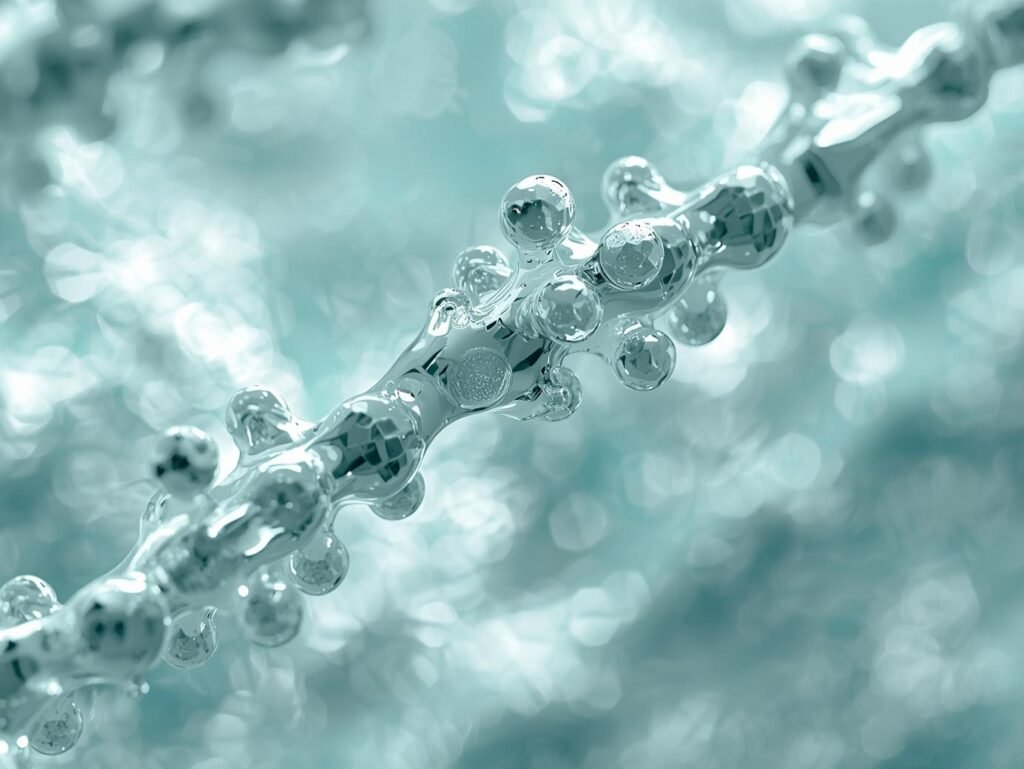 Molecular representation of hyaluronic acid and vitamin B5 showing skin plumping action.