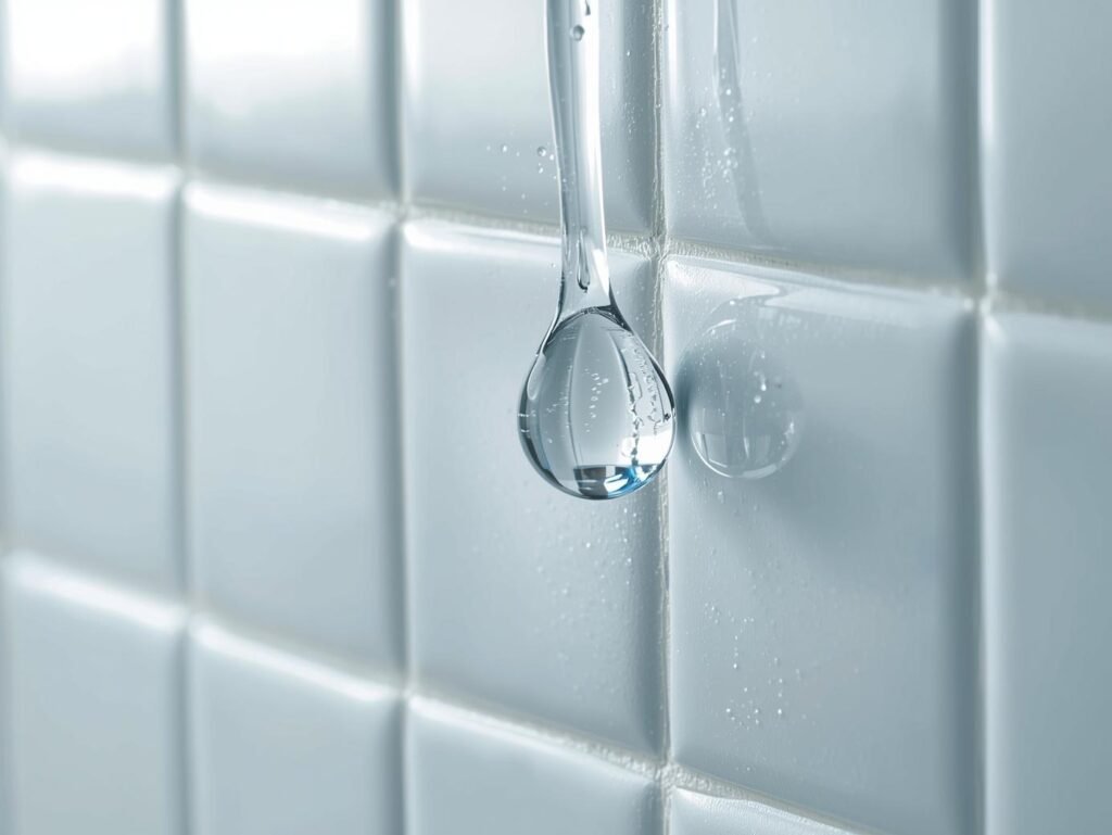 Macro droplet symbolizing salicylic acid pore-clearing on ceramic tile, cool blue clinical tones.