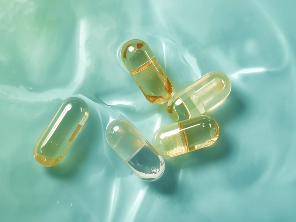 Vitamin capsules dissolving into clear gel on pastel blue-green surface.