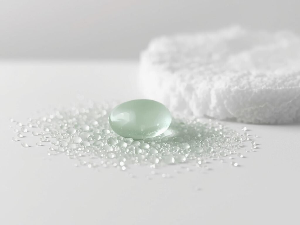 Close composition of clear droplet and silica beads on white surface, evoking oil control and acne clearing.