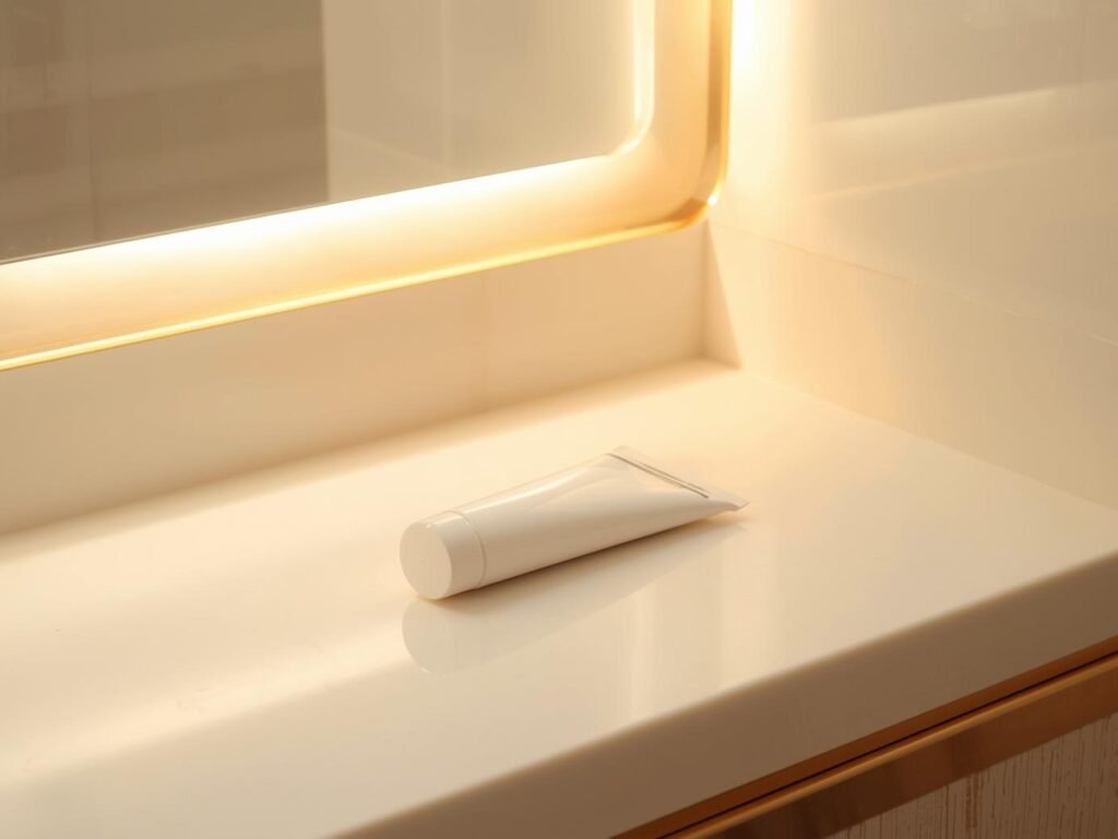 Sunscreen beside mirror with bright natural light.