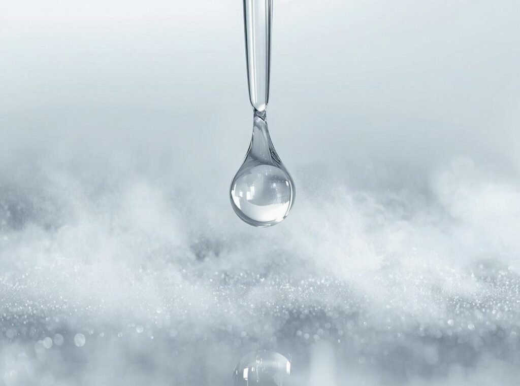 A glowing serum droplet under soft laboratory light, symbolizing advanced collagen support.