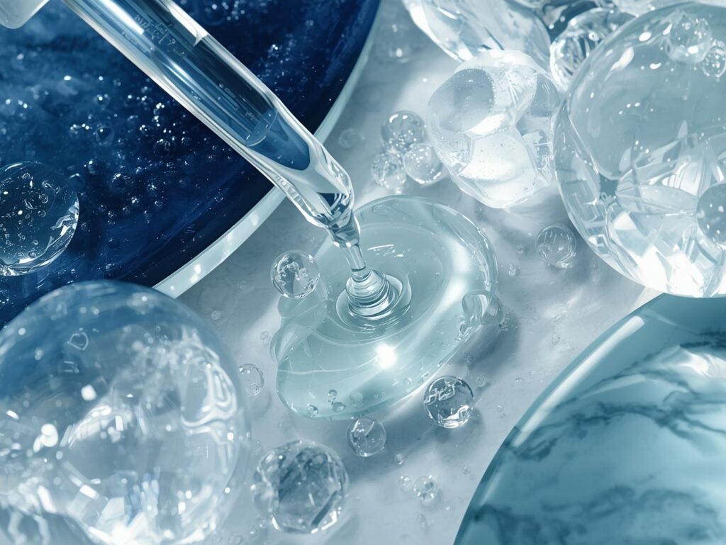 Serum drop blending with hyaluronic spheres on marble, illustrating 2% BHA exfoliation and soothing hydration.