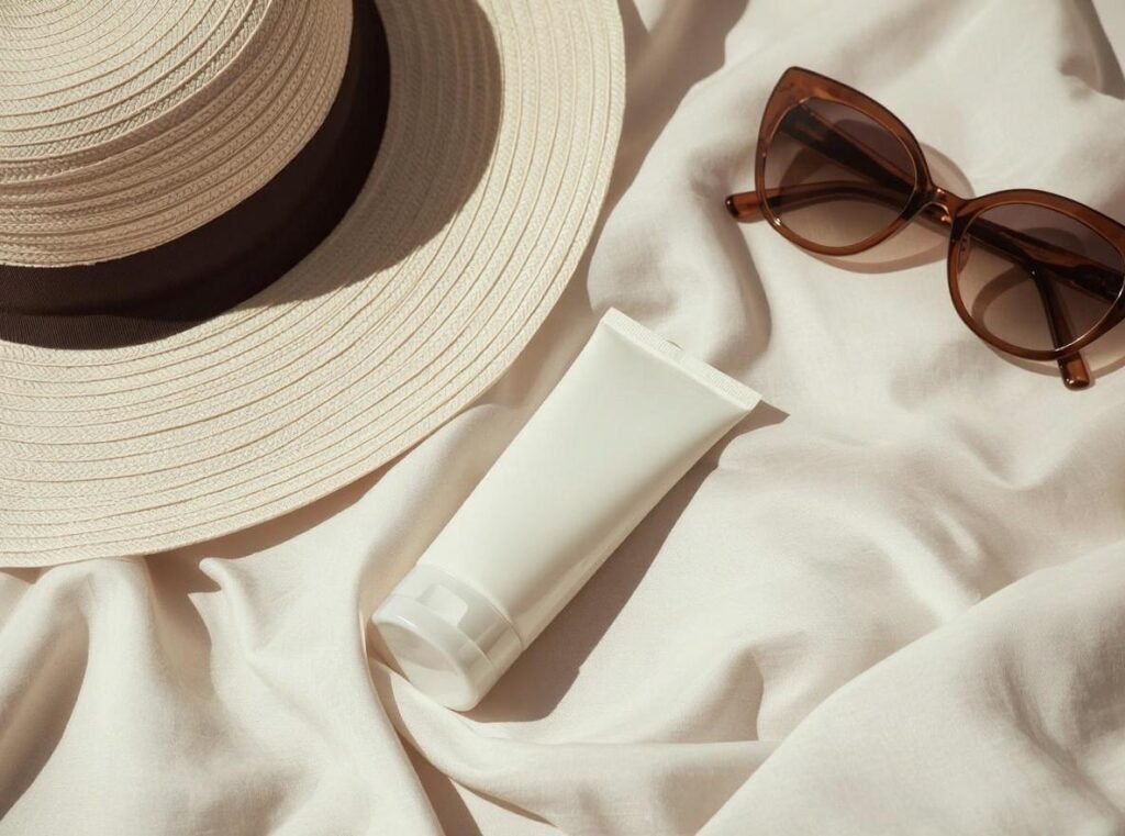 Sunscreen tube with sun hat and neutral background.