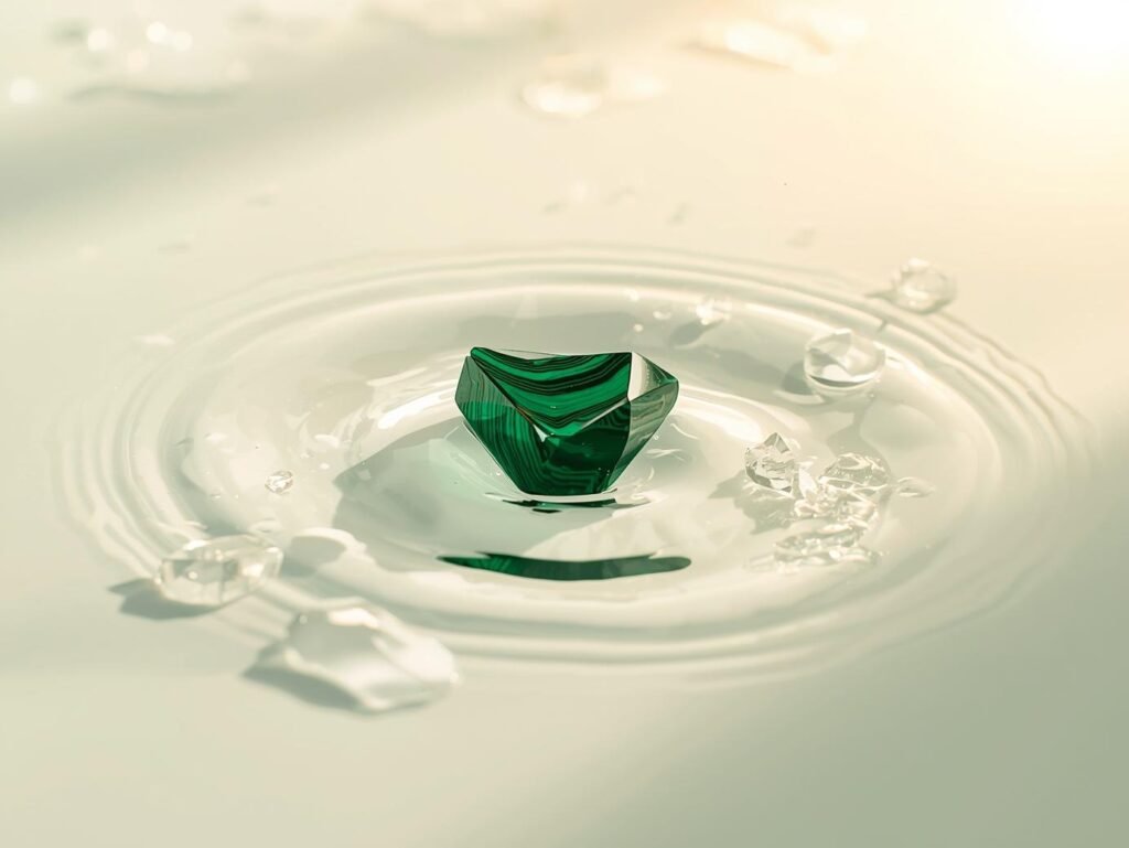 Water ripples around a green malachite shard and crystals, conveying hydration and barrier repair.
