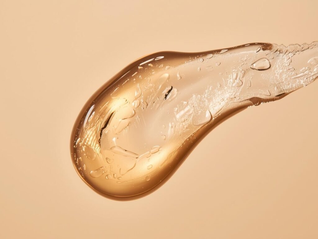 Drop on translucent surface with soft beige background.