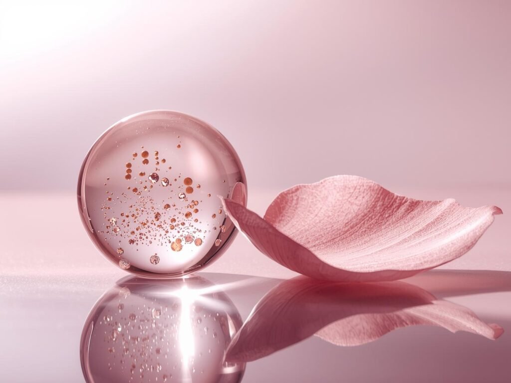 Clear droplet with botanical micro-particles and a pink petal fragment on glossy tile, symbolizing bakuchiol clearing and brightening.