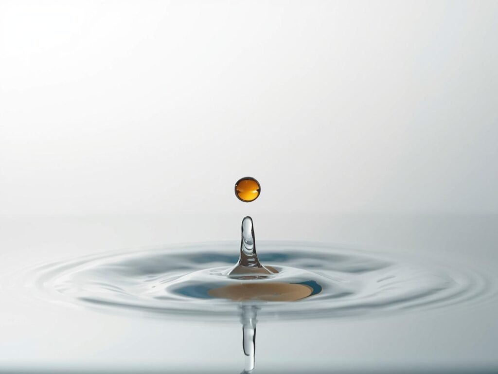 Amber retinol serum droplet splashing into clear water with muted blue and white background, highlighting potent and smooth anti-aging skincare formula.