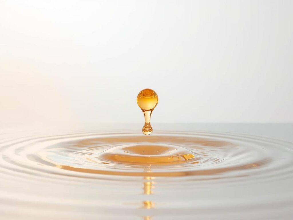 Golden-orange retinol droplet forming ripples in clear liquid on light blue and white background, emphasizing clean and clinical skincare benefits.