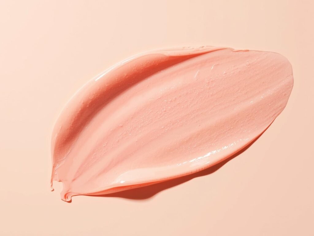 Pale coral retinol cream swirl on light beige and pastel pink background, emphasizing rich, hydrating, and beginner-friendly retinol texture.