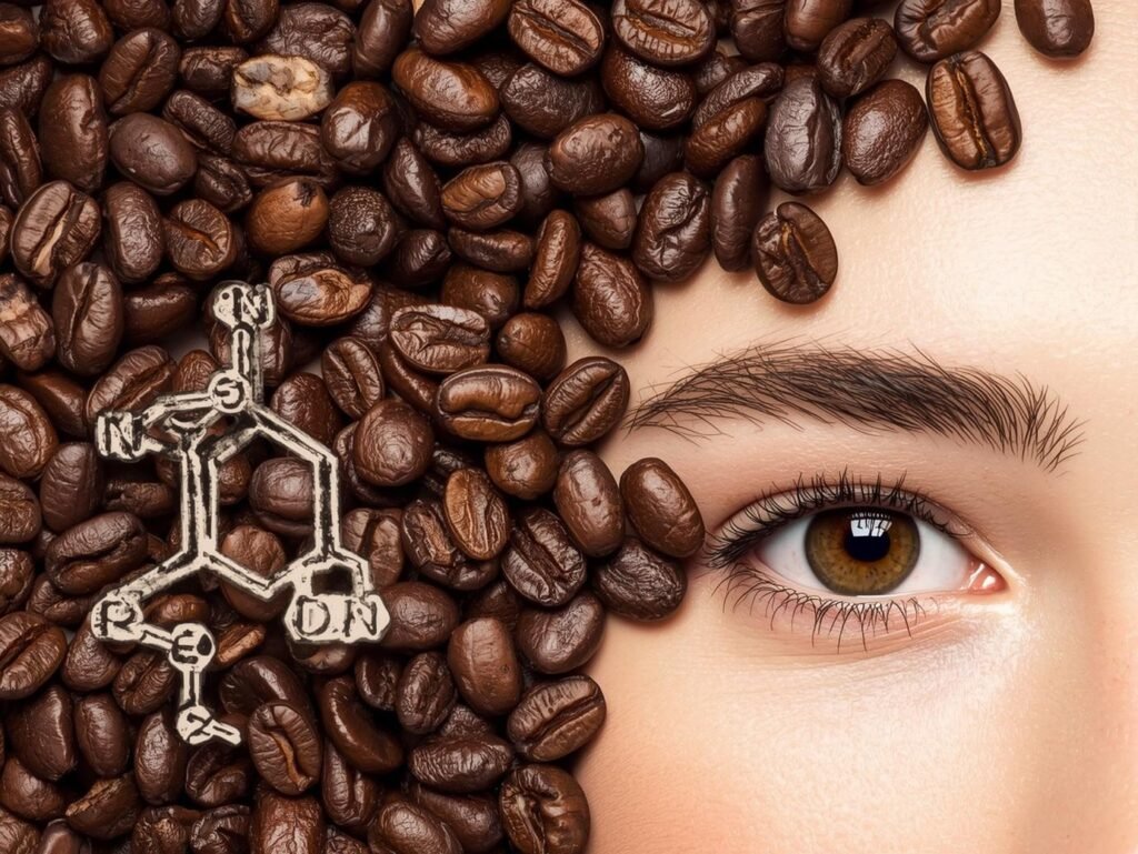 Caffeine molecule surrounded by coffee elements and bright under-eye concept.