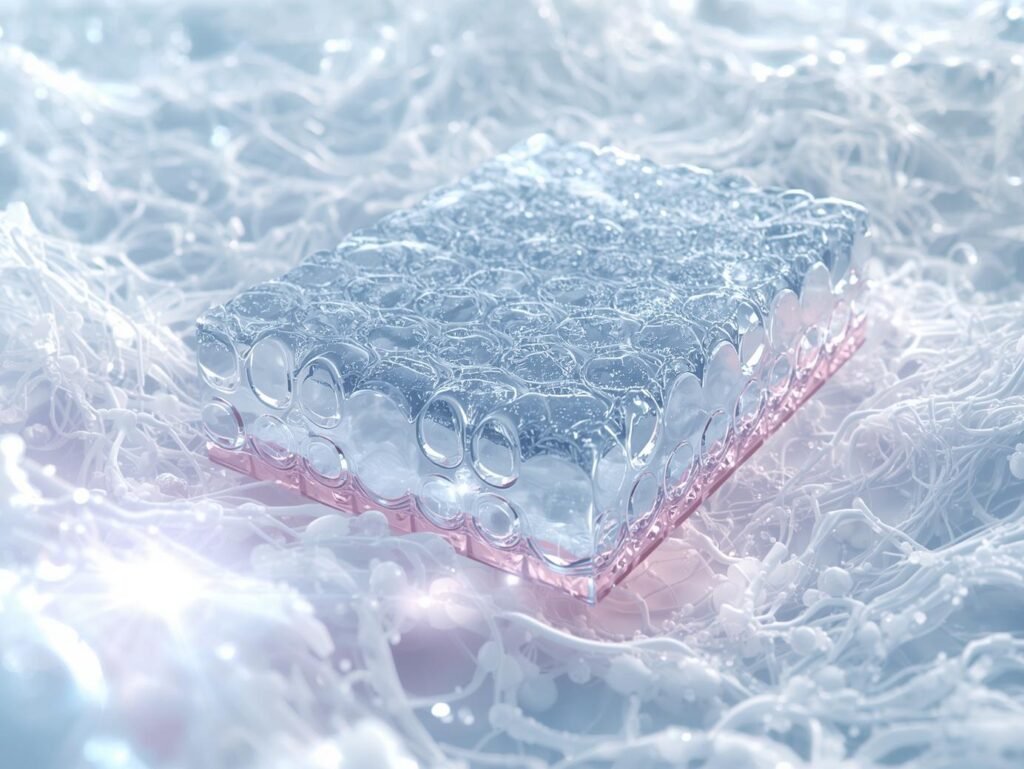 Ceramide molecule representation showing restored moisture and smooth under-eye skin.