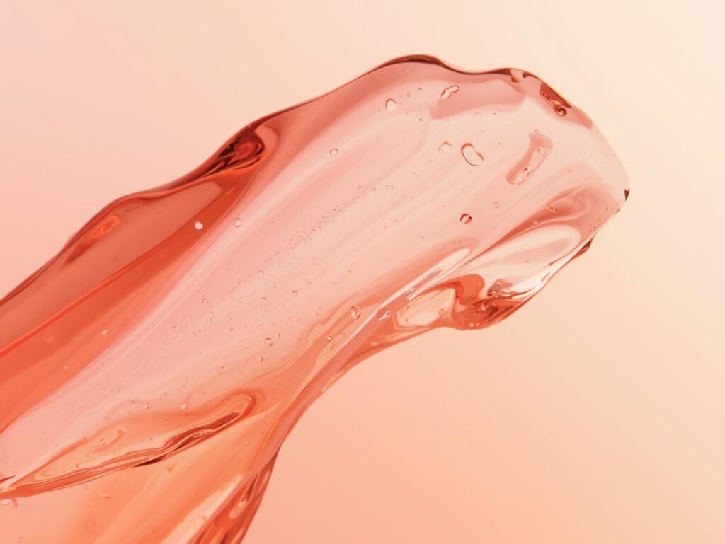 Peach-colored retinol and bakuchiol serum swirl on soft pink and beige gradient, highlighting smooth, luxurious anti-aging skincare texture.