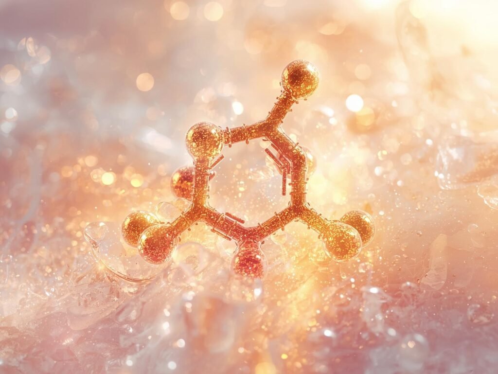 Niacinamide molecule concept showing bright, even-toned under-eye area.