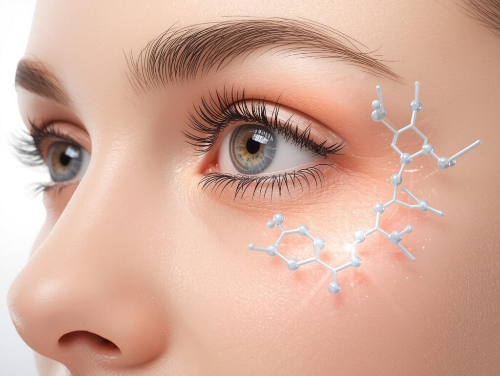 Peptide chain concept showing firm and lifted under-eye skin.