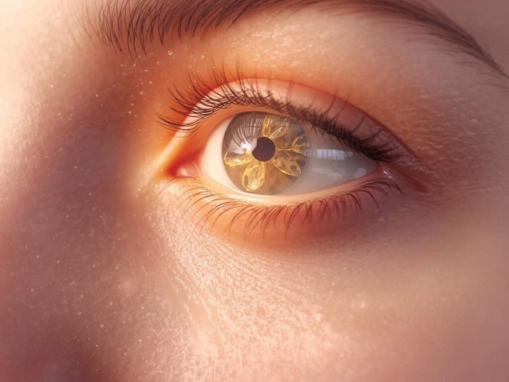 Retinol molecule visual showing smoother under-eye skin and youthful glow.